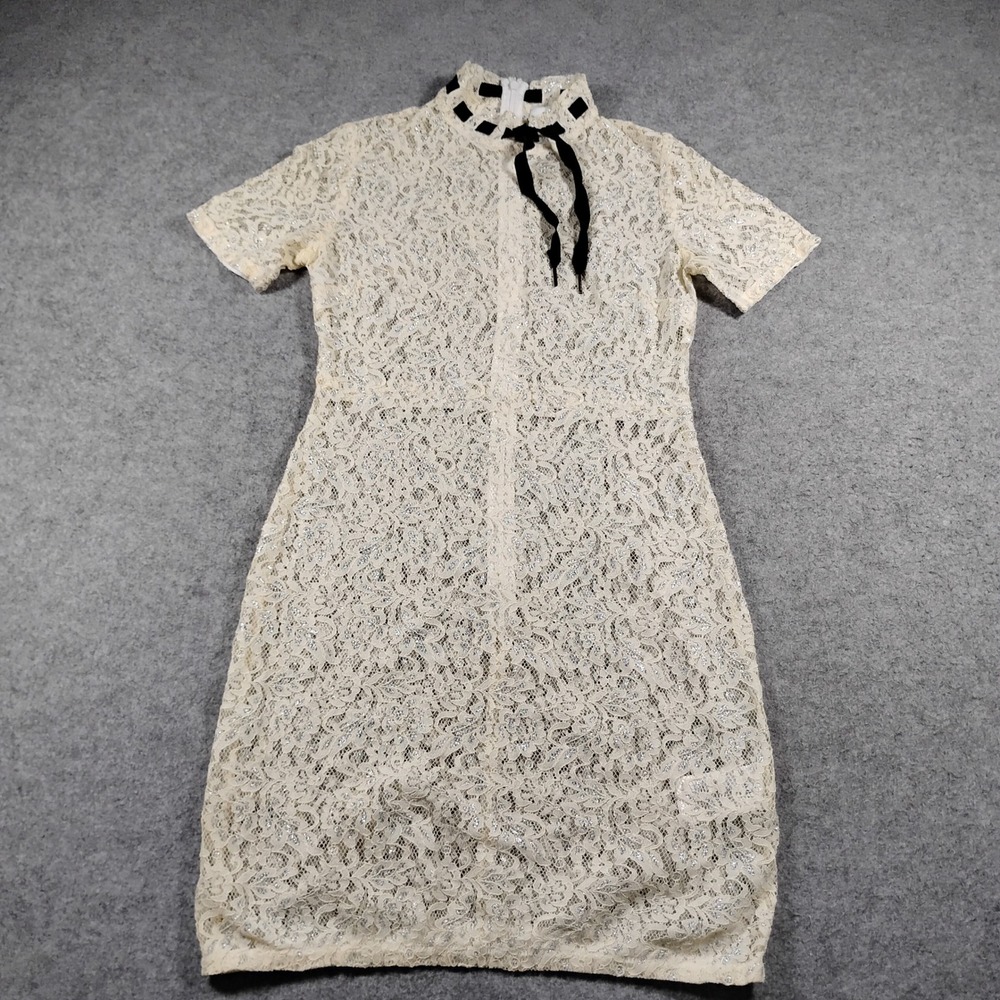 Sandro Paris Cream Metallic Silver Floral Lace Mini Dress-11 Bow Neck XS